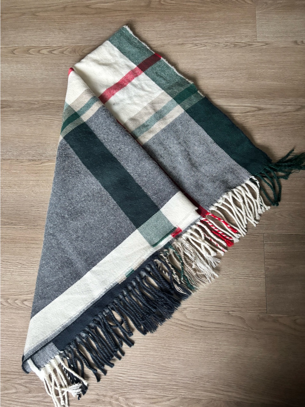J. Crew Plaid Fringe Throw in Dark Green, Cream and Gray with Red Accent